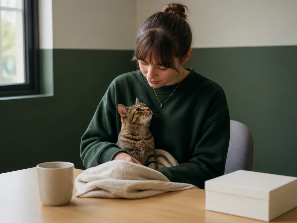 Une main tendue vers un chat curieux derrière une grille de refuge