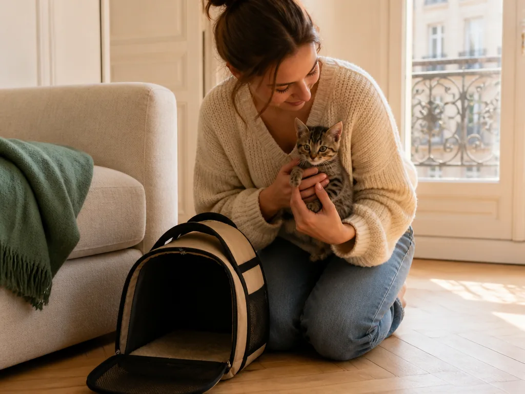 Un chaton roux blotti dans les bras de sa nouvelle adoptante, près d'une fenêtre parisienne