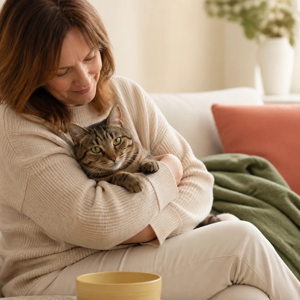 Chat roux dans les bras de son futur adoptant, sourire complice