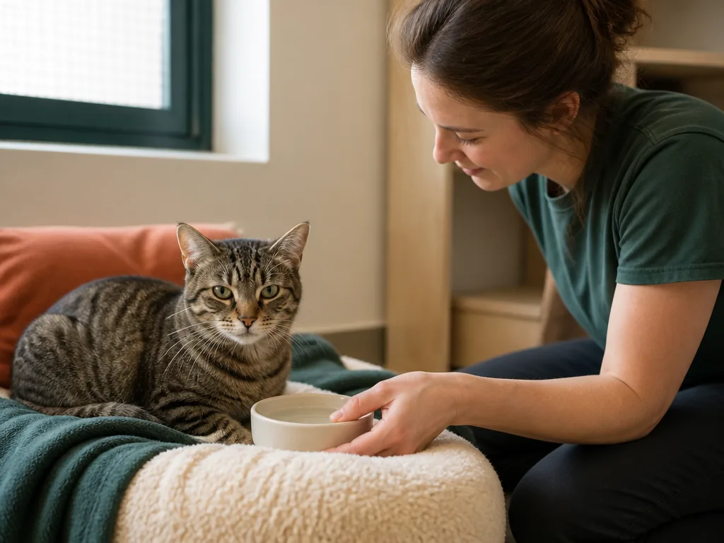 Bénévole changeant la litière d'un chat dans une cage de refuge