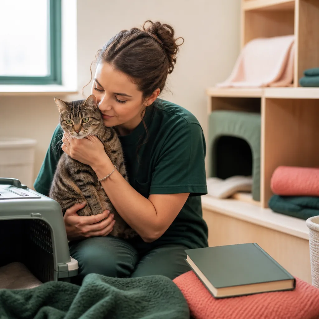 Un bénévole promène un chien devant un box vide, libérant une place au refuge
