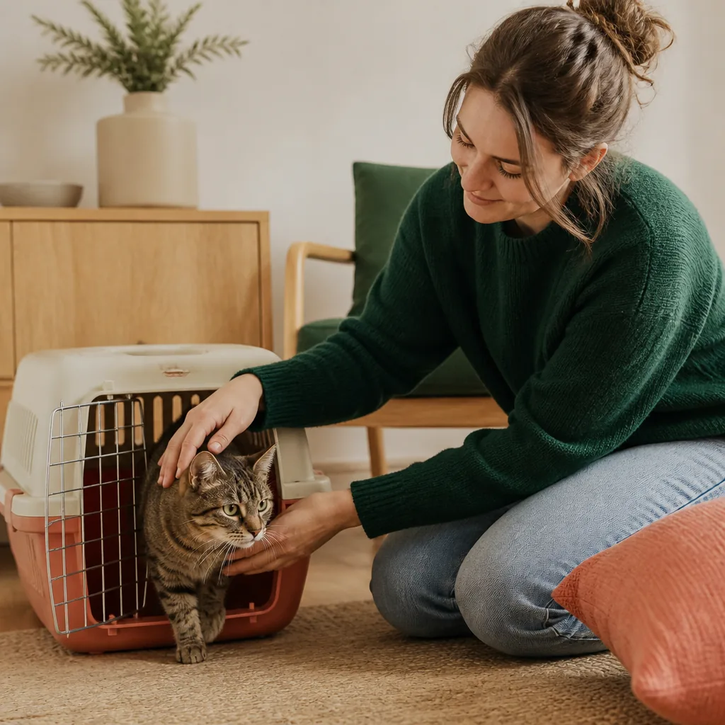 Un chat explorant prudemment son nouveau salon, avec ses jouets et une litière installés