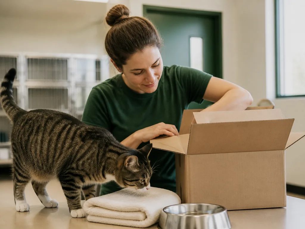 Un donateur remet une enveloppe à une bénévole, des chats rôdent autour