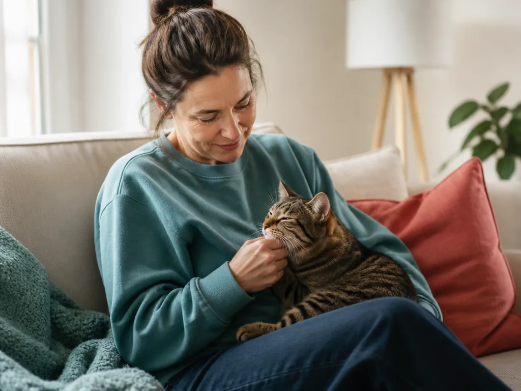 Un chat roux blotti sur un canapé, accueilli par une famille attentive
