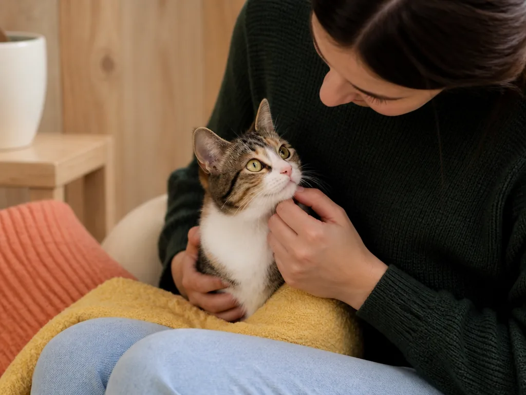 Chat roux caressé par une bénévole au refuge, leur conviction de protéger